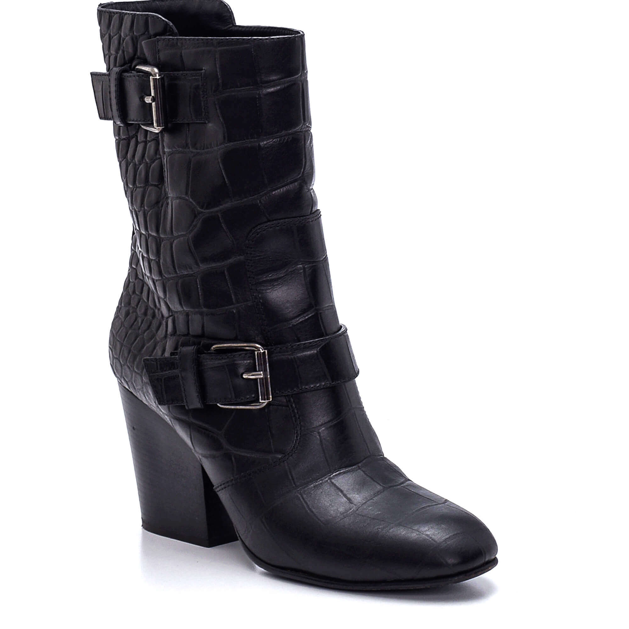 Giuseppe Zanotti - Black Leather Crocodile Embossed Double Buckle Boots/39